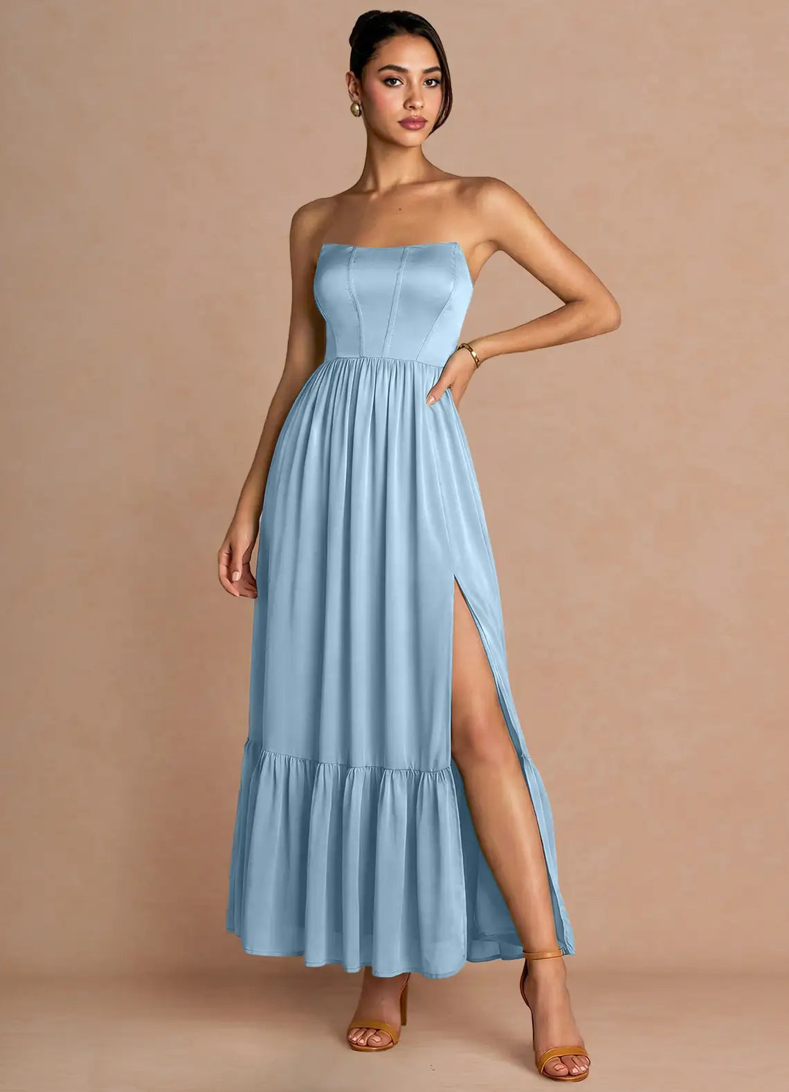 Blue Strapless Satin Lace-Up Back High Slit Floor-Length Wedding Dress - Yihuiw by Yihuiw