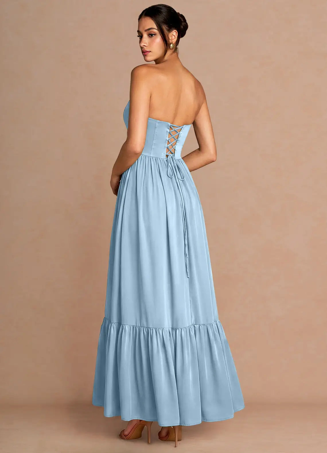 Blue Strapless Satin Lace-Up Back High Slit Floor-Length Wedding Dress - Yihuiw by Yihuiw