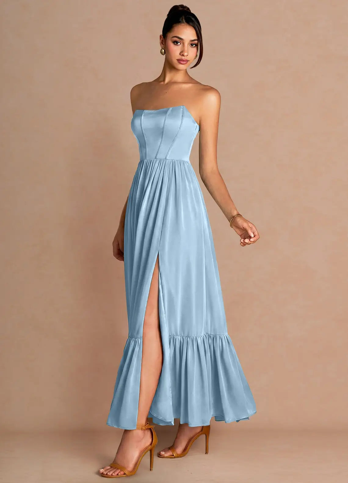 Blue Strapless Satin Lace-Up Back High Slit Floor-Length Wedding Dress - Yihuiw by Yihuiw