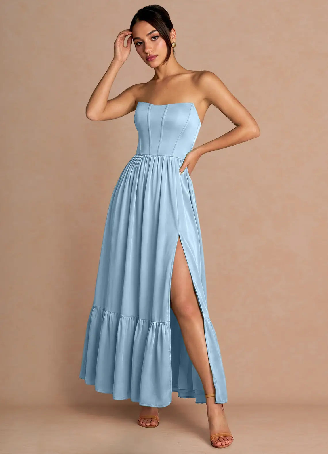 Blue Strapless Satin Lace-Up Back High Slit Floor-Length Wedding Dress - Yihuiw by Yihuiw