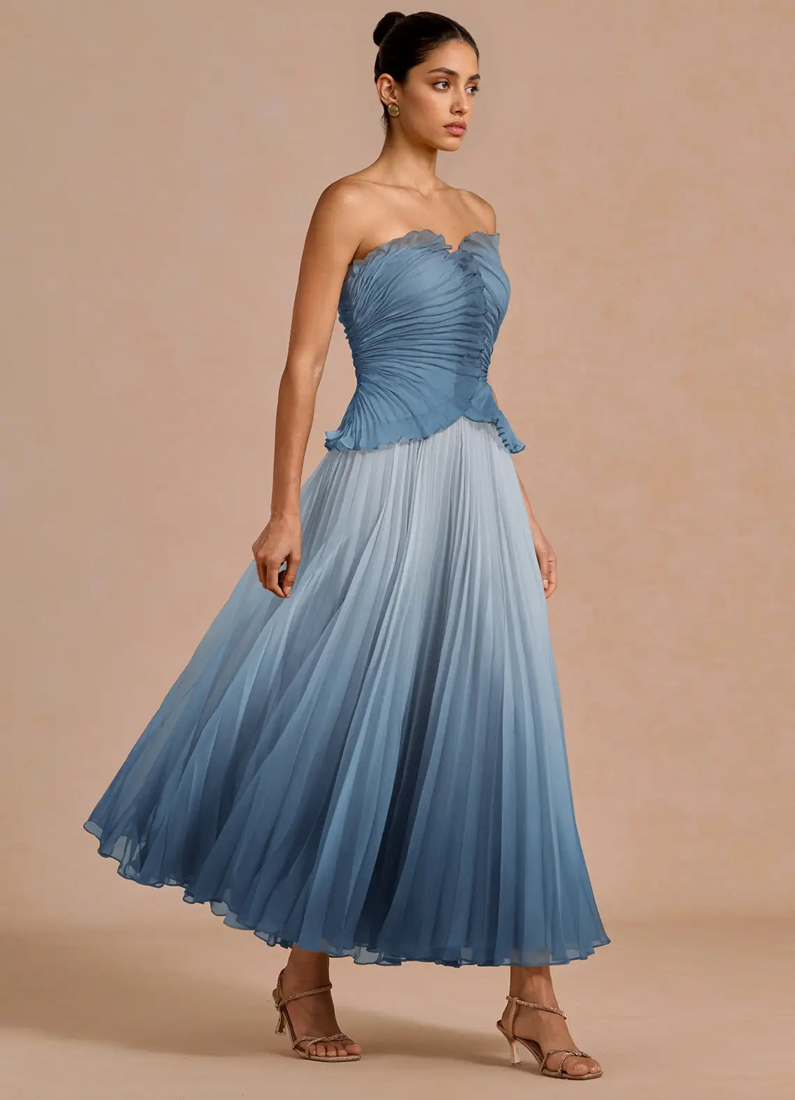 Blue A-Line Strapless Ruffled Midi Wedding Dress - Yihuiw by Yihuiw
