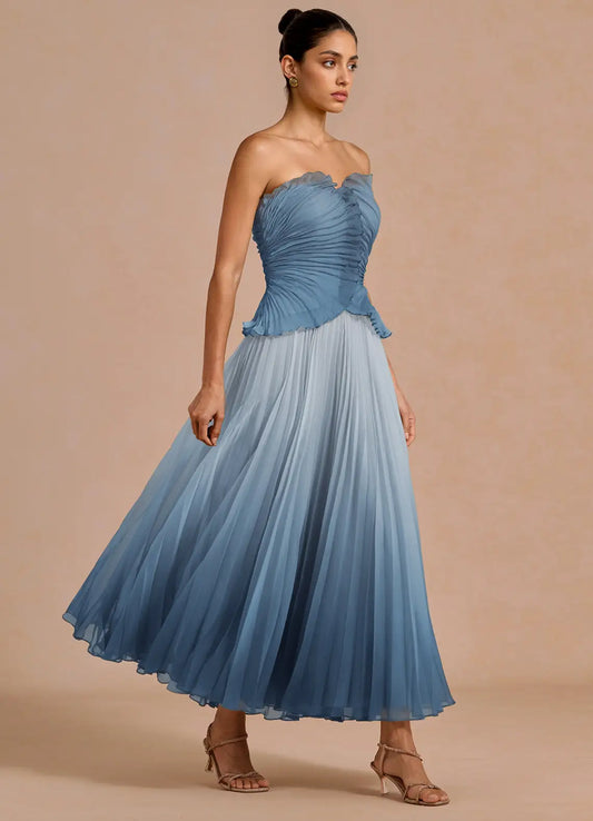 Blue A-Line Strapless Ruffled Midi Wedding Dress - Yihuiw by Yihuiw