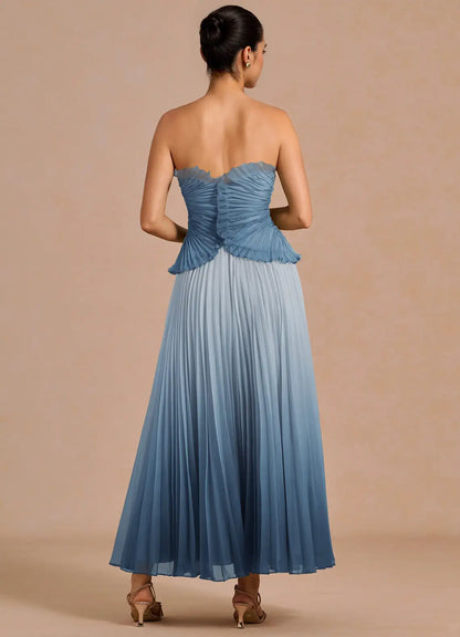 Blue A-Line Strapless Ruffled Midi Wedding Dress - Yihuiw by Yihuiw