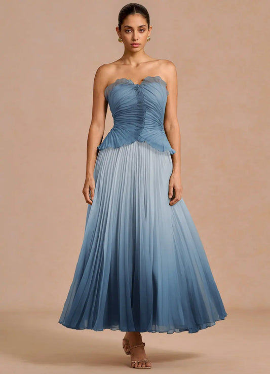 Blue A-Line Strapless Ruffled Midi Wedding Dress - Yihuiw by Yihuiw
