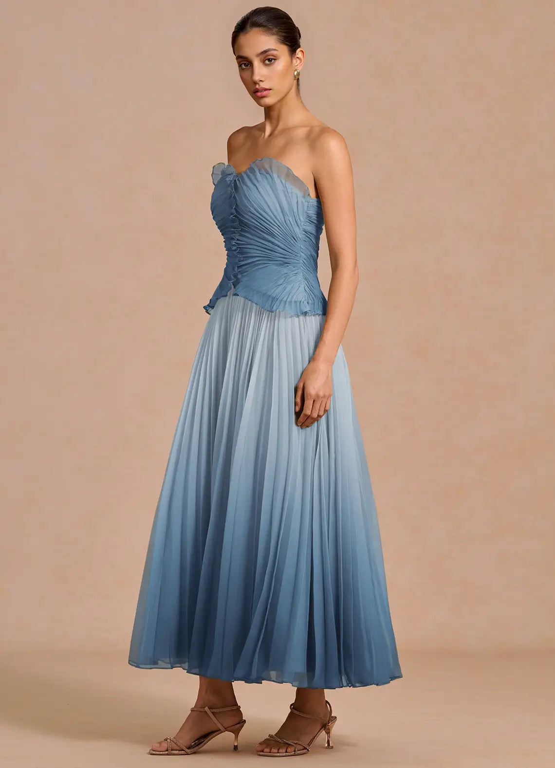 Blue A-Line Strapless Ruffled Midi Wedding Dress - Yihuiw by Yihuiw