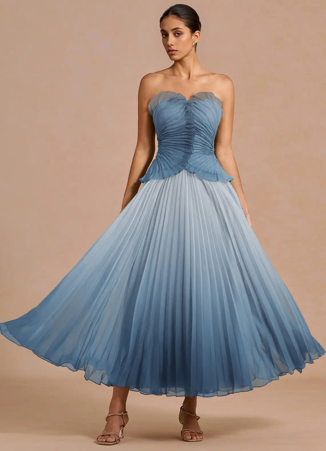 Blue A-Line Strapless Ruffled Midi Wedding Dress - Yihuiw by Yihuiw