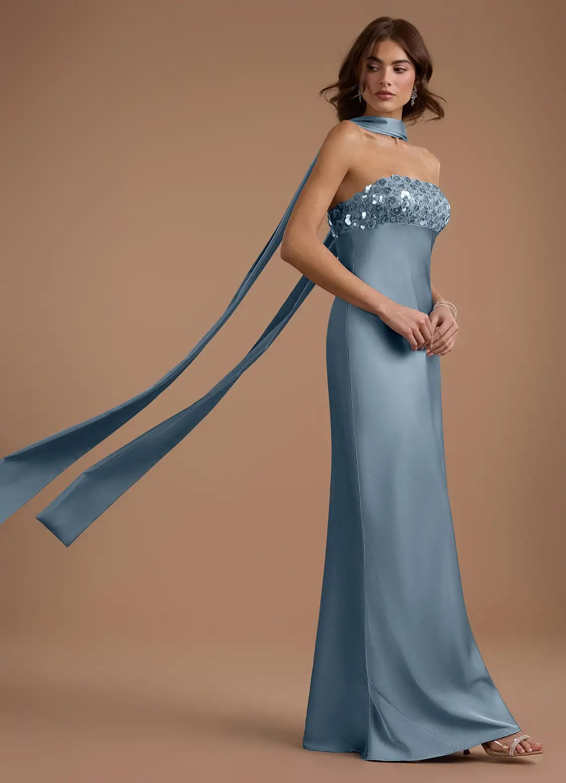 Blue Mermaid Halter Satin Floor-Length Wedding Dress - Yihuiw by Yihuiw