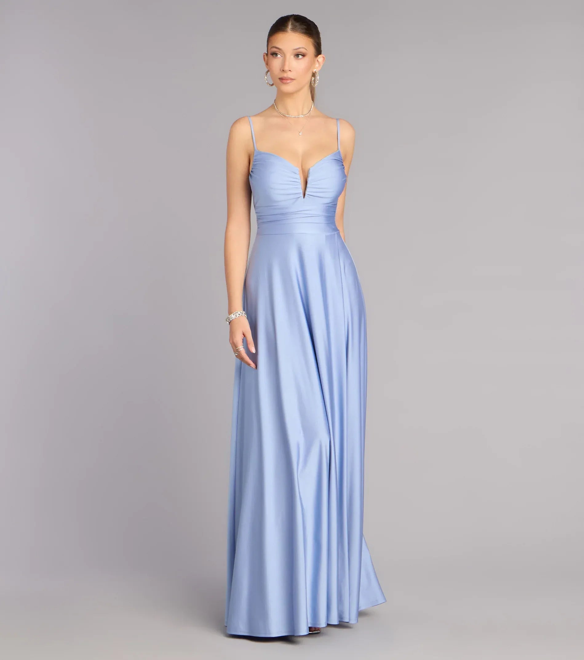 Blue A-Line Spaghetti Strap Satin Open Back Ruched Floor-Length Wedding Dress - Yihuiw by Yihuiw
