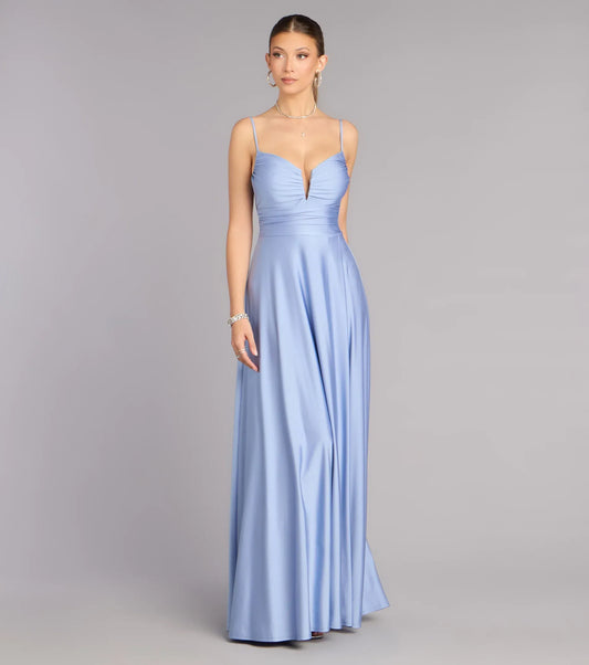 Blue A-Line Spaghetti Strap Satin Open Back Ruched Floor-Length Wedding Dress - Yihuiw by Yihuiw