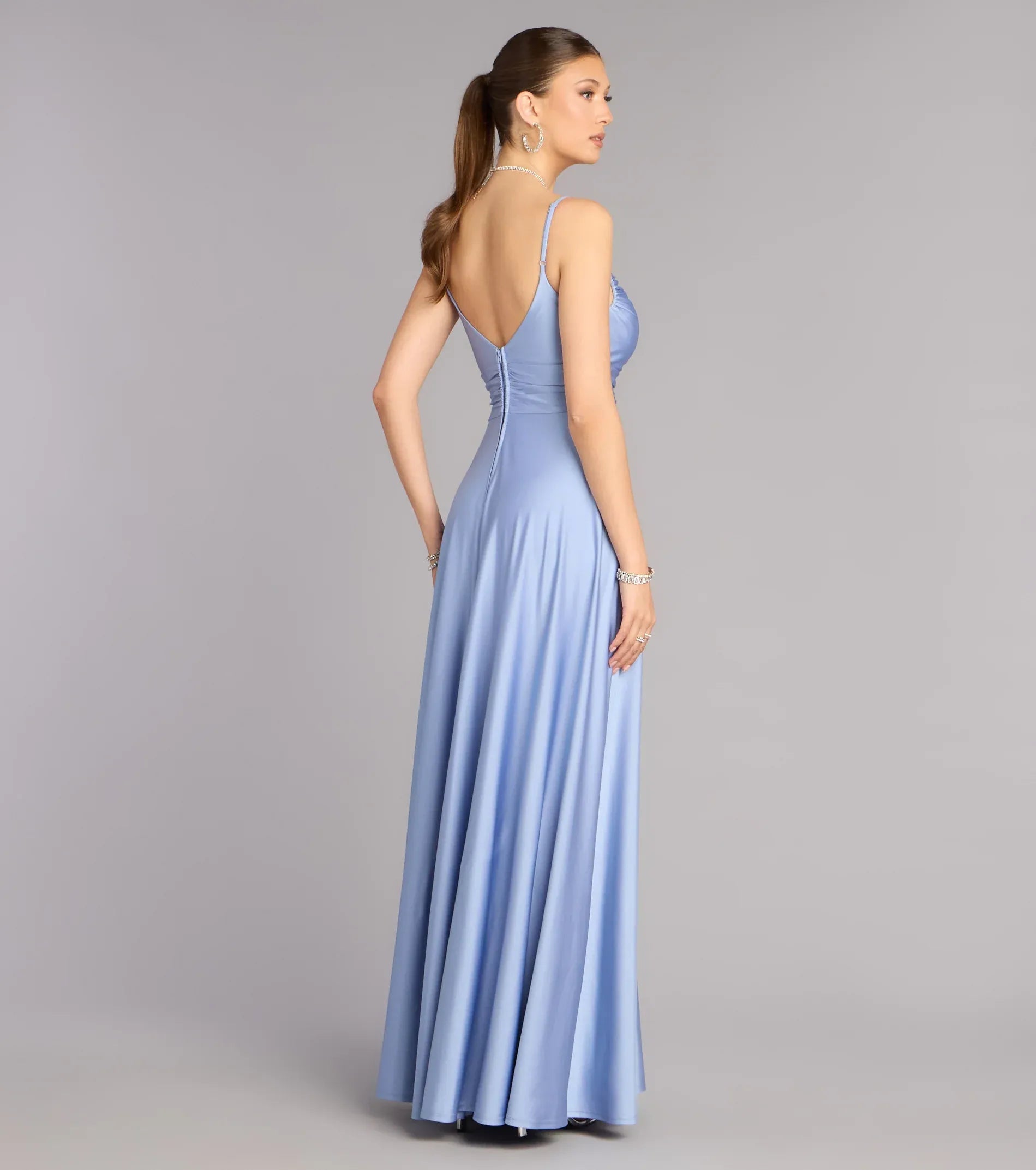 Blue A-Line Spaghetti Strap Satin Open Back Ruched Floor-Length Wedding Dress - Yihuiw by Yihuiw