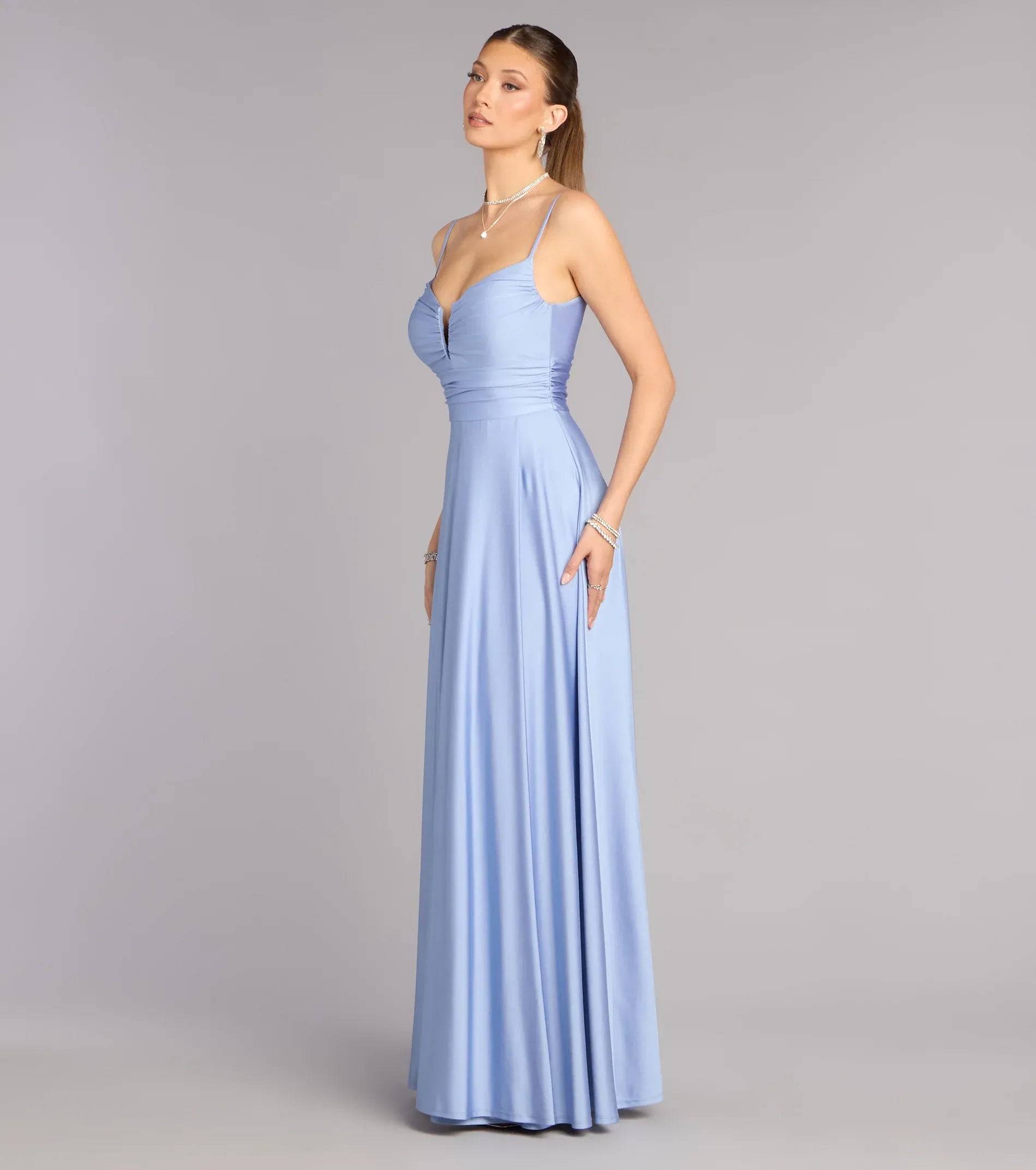Blue A-Line Spaghetti Strap Satin Open Back Ruched Floor-Length Wedding Dress - Yihuiw by Yihuiw