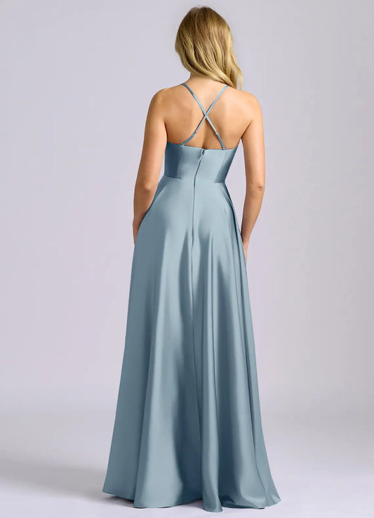 Blue A-Line V-Neck Satin Floor-Length Wedding Dress - Yihuiw by Yihuiw