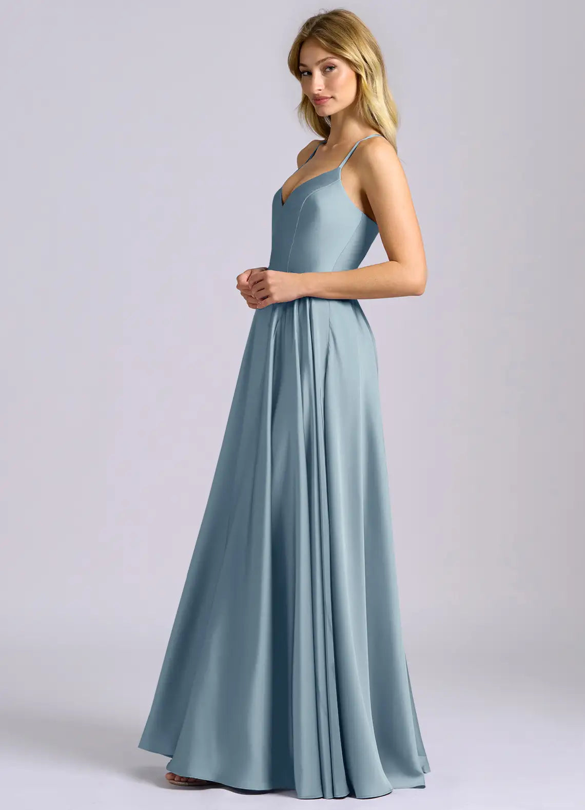 Blue A-Line V-Neck Satin Floor-Length Wedding Dress - Yihuiw by Yihuiw