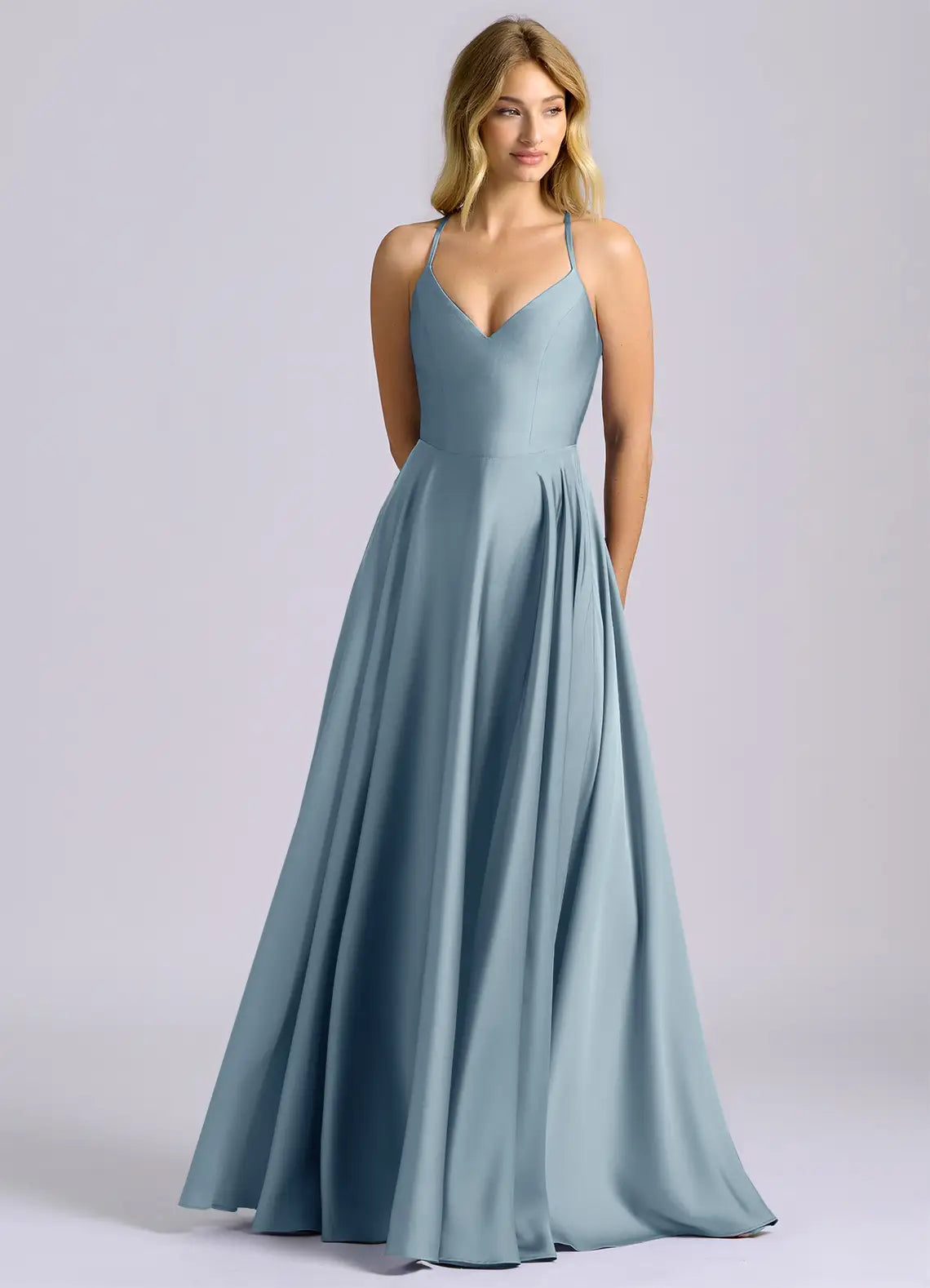Blue A-Line V-Neck Satin Floor-Length Wedding Dress - Yihuiw by Yihuiw