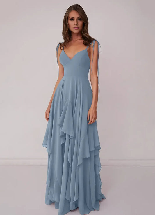 Blue V-Neck Chiffon Ruffled Floor-Length Wedding Dress - Yihuiw by Yihuiw