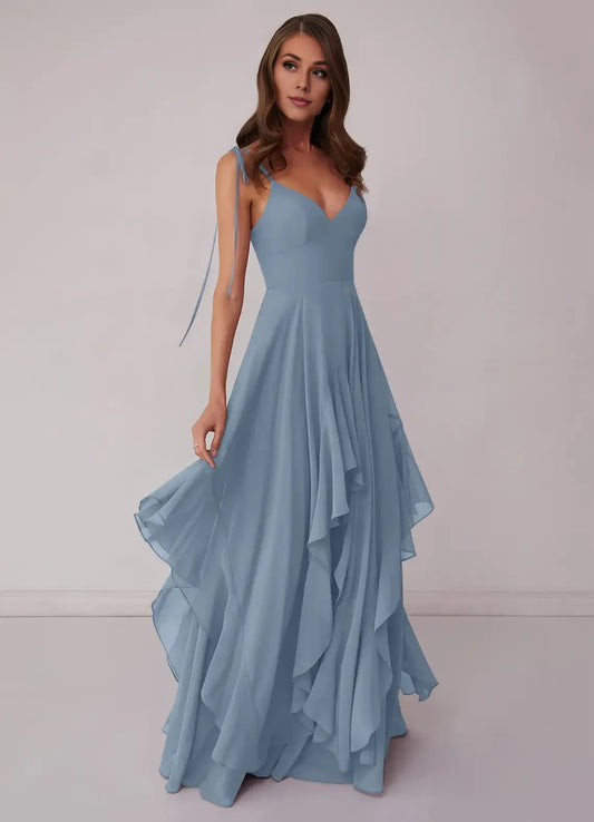 Blue V-Neck Chiffon Ruffled Floor-Length Wedding Dress - Yihuiw by Yihuiw
