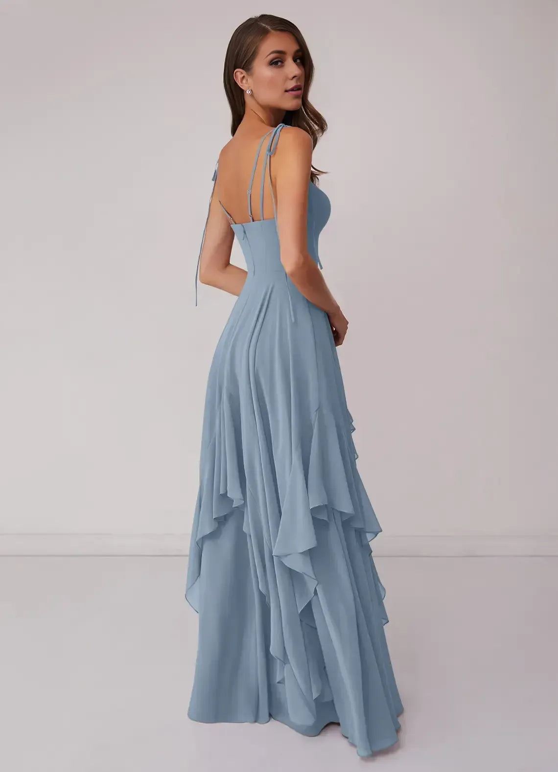 Blue V-Neck Chiffon Ruffled Floor-Length Wedding Dress - Yihuiw by Yihuiw