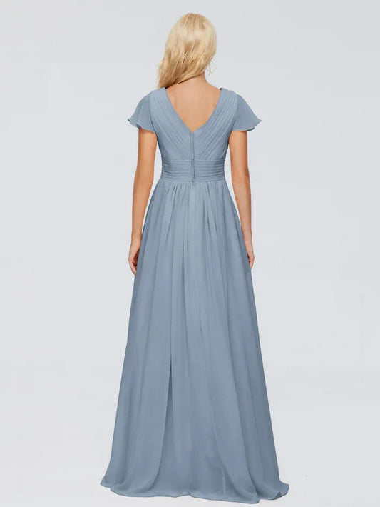 Blue A-Line V-Neck Chiffon Short Sleeve Floor-Length Wedding Dress - Yihuiw by Yihuiw