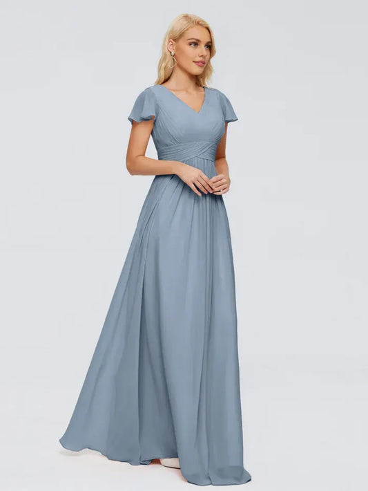 Blue A-Line V-Neck Chiffon Short Sleeve Floor-Length Wedding Dress - Yihuiw by Yihuiw