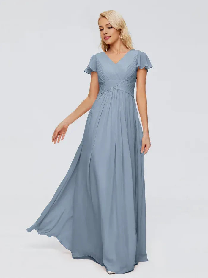 Blue A-Line V-Neck Chiffon Short Sleeve Floor-Length Wedding Dress - Yihuiw by Yihuiw