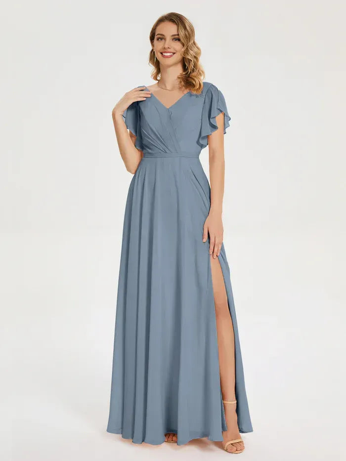 Blue A-Line V-Neck Chiffon Short Sleeve High Slit Floor-Length Wedding Dress - Yihuiw by Yihuiw