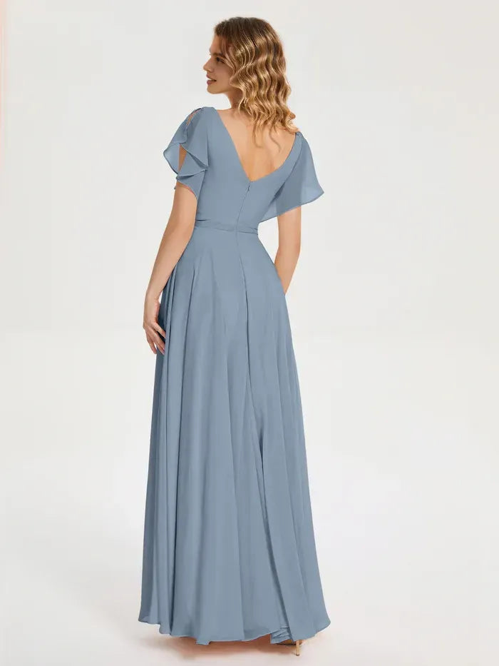 Blue A-Line V-Neck Chiffon Short Sleeve High Slit Floor-Length Wedding Dress - Yihuiw by Yihuiw