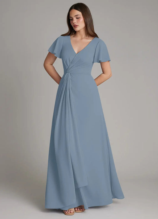 Blue A-Line V-Neck Chiffon Floor-Length Wedding Dress - Yihuiw by Yihuiw