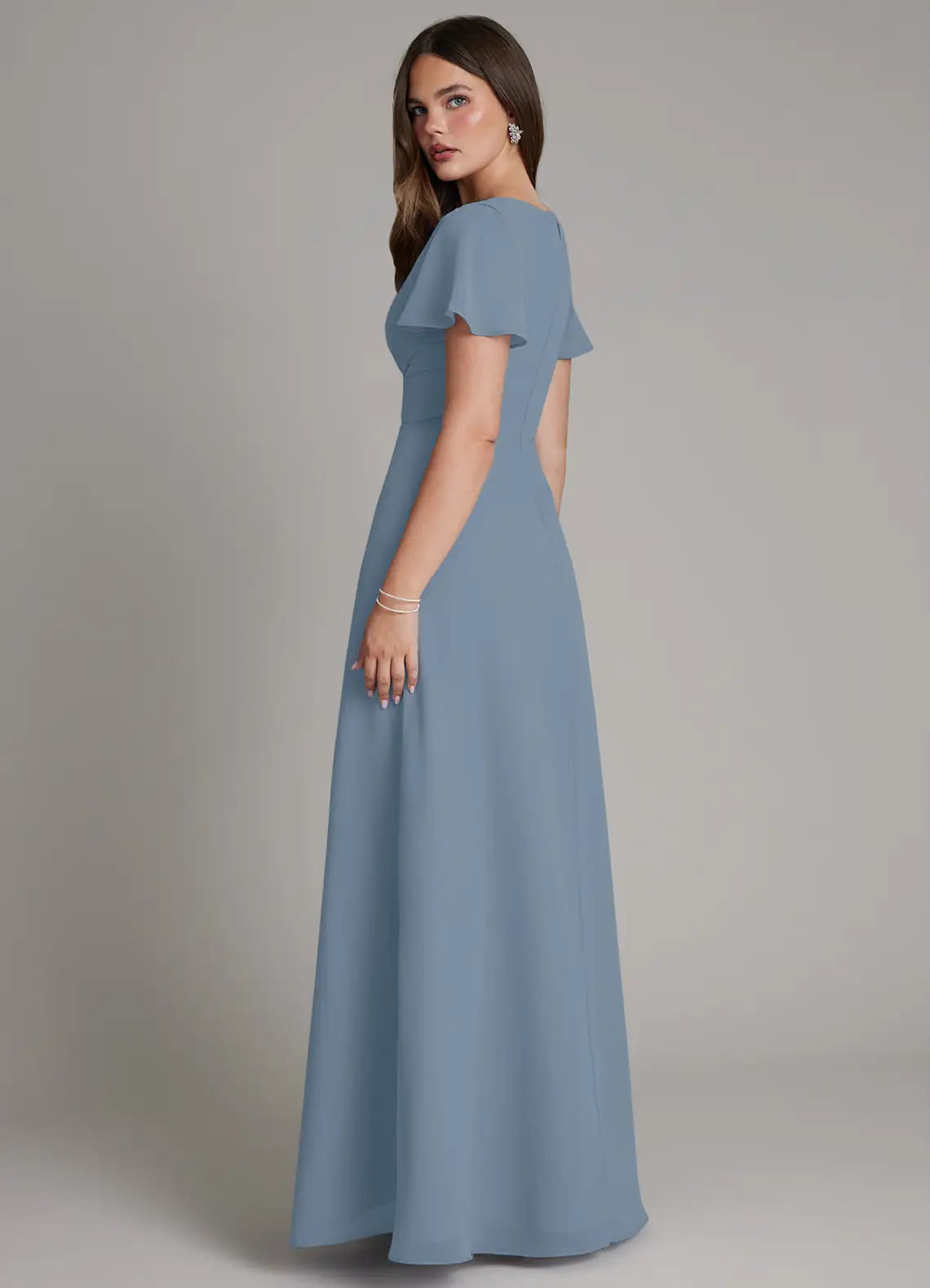 Blue A-Line V-Neck Chiffon Floor-Length Wedding Dress - Yihuiw by Yihuiw