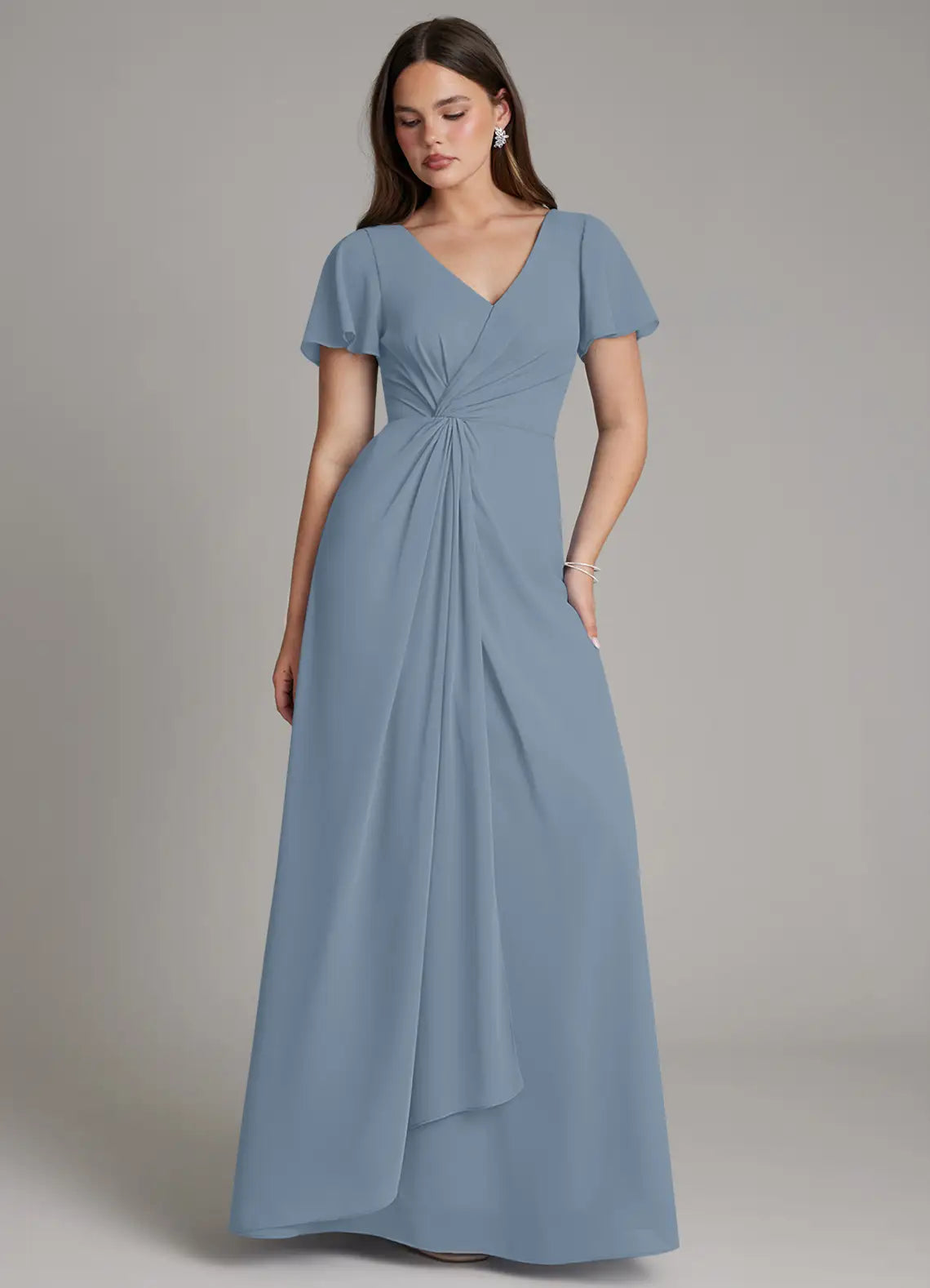 Blue A-Line V-Neck Chiffon Floor-Length Wedding Dress - Yihuiw by Yihuiw