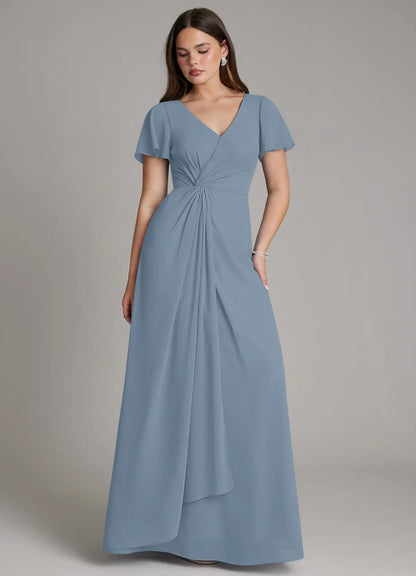 Blue A-Line V-Neck Chiffon Floor-Length Wedding Dress - Yihuiw by Yihuiw