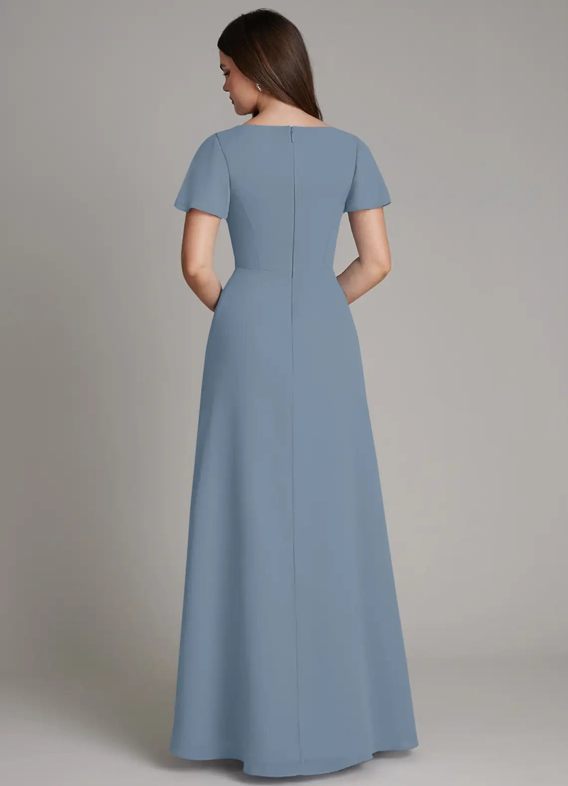 Blue A-Line V-Neck Chiffon Floor-Length Wedding Dress - Yihuiw by Yihuiw