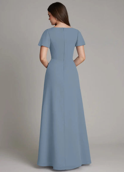 Blue A-Line V-Neck Chiffon Floor-Length Wedding Dress - Yihuiw by Yihuiw