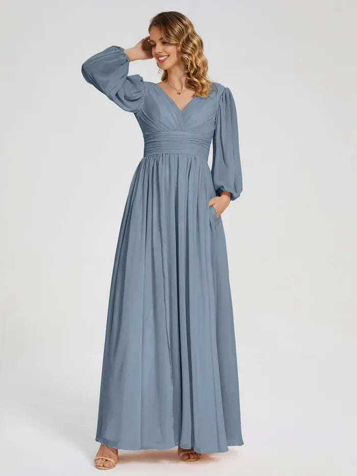 Blue A-Line V-Neck Chiffon High Slit Floor-Length Wedding Dress - Yihuiw by Yihuiw