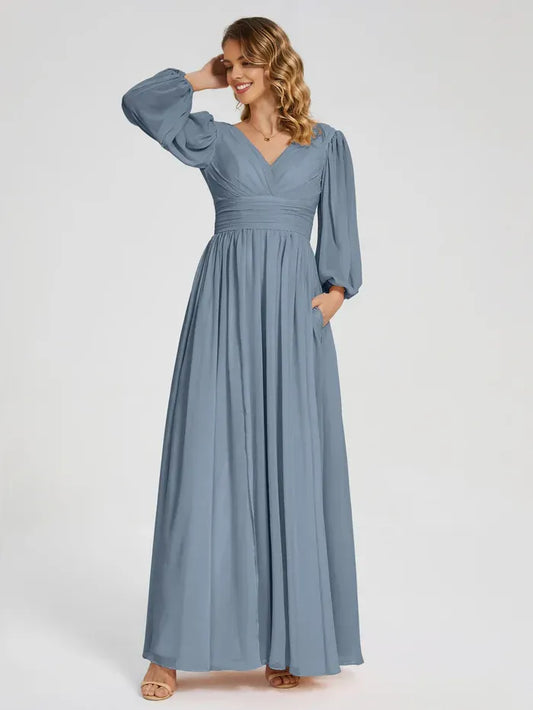 Blue A-Line V-Neck Chiffon High Slit Floor-Length Wedding Dress - Yihuiw by Yihuiw