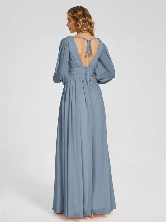 Blue A-Line V-Neck Chiffon High Slit Floor-Length Wedding Dress - Yihuiw by Yihuiw