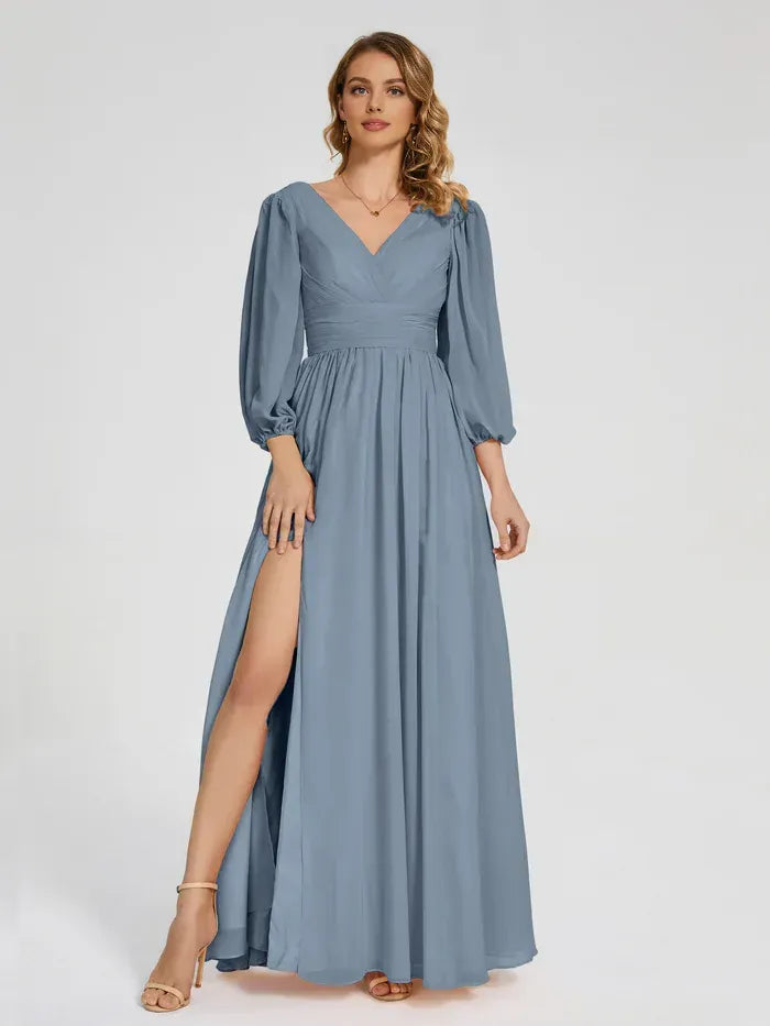 Blue A-Line V-Neck Chiffon High Slit Floor-Length Wedding Dress - Yihuiw by Yihuiw