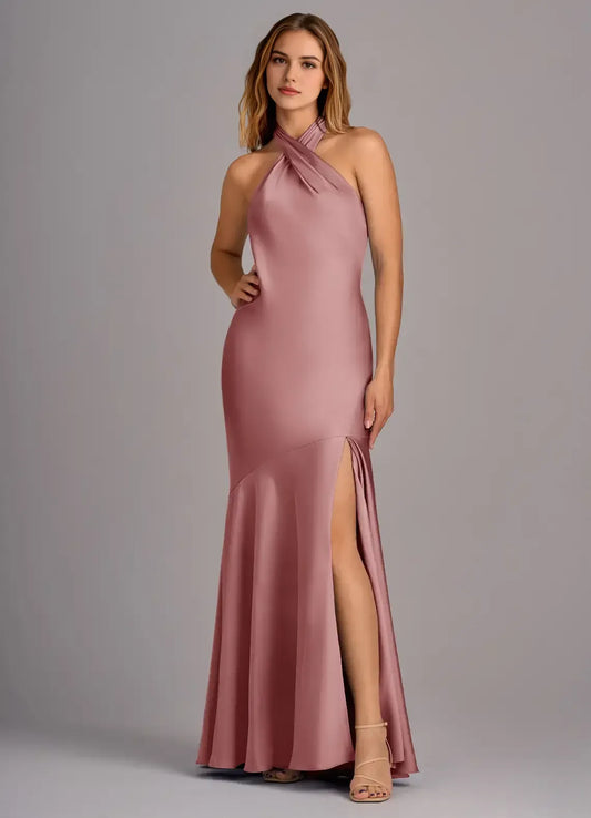 Dusty Pink Mermaid Halter Satin Open Back High Slit Floor-Length Wedding Dress - Yihuiw by Yihuiw