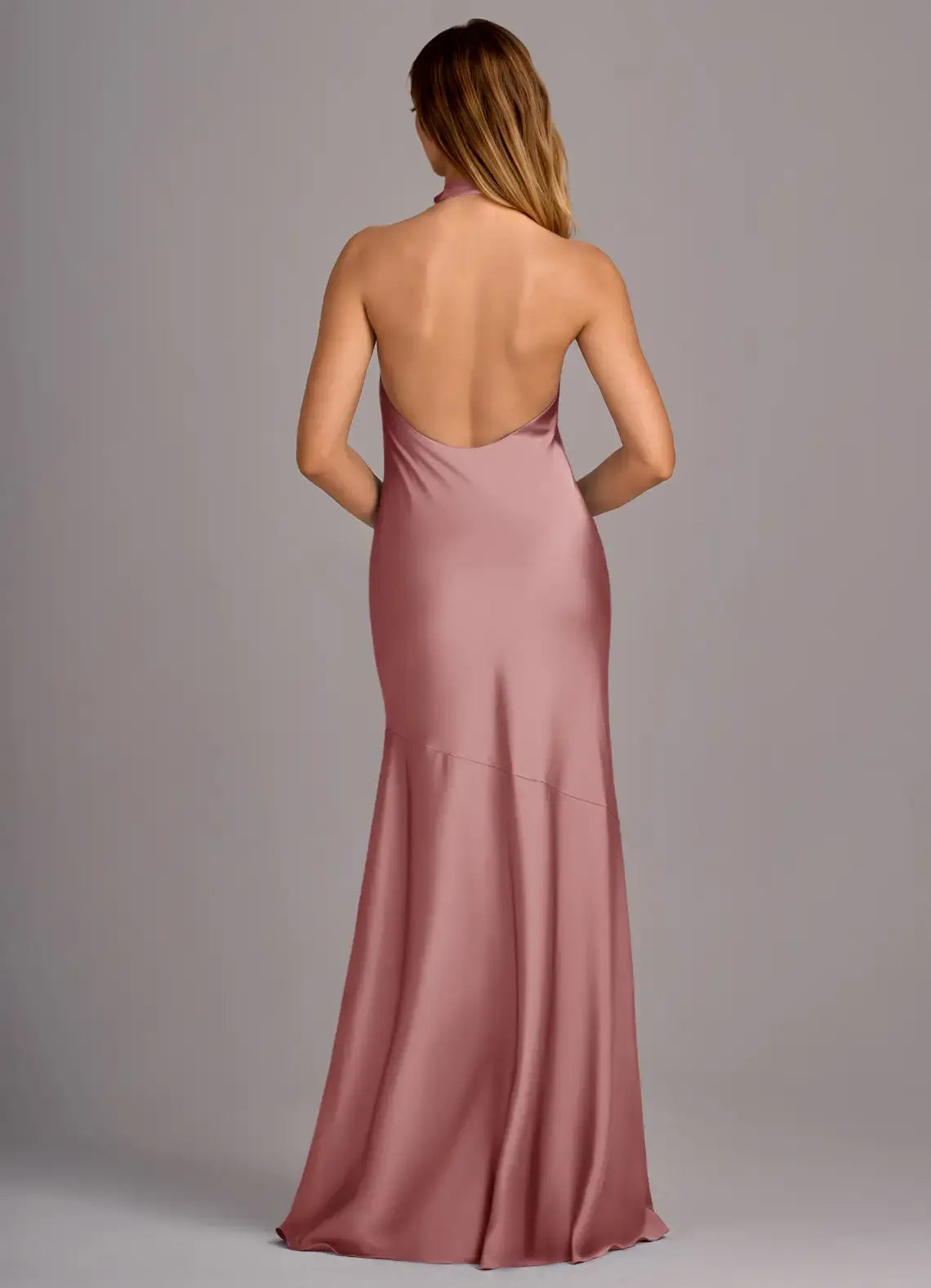 Dusty Pink Mermaid Halter Satin Open Back High Slit Floor-Length Wedding Dress - Yihuiw by Yihuiw