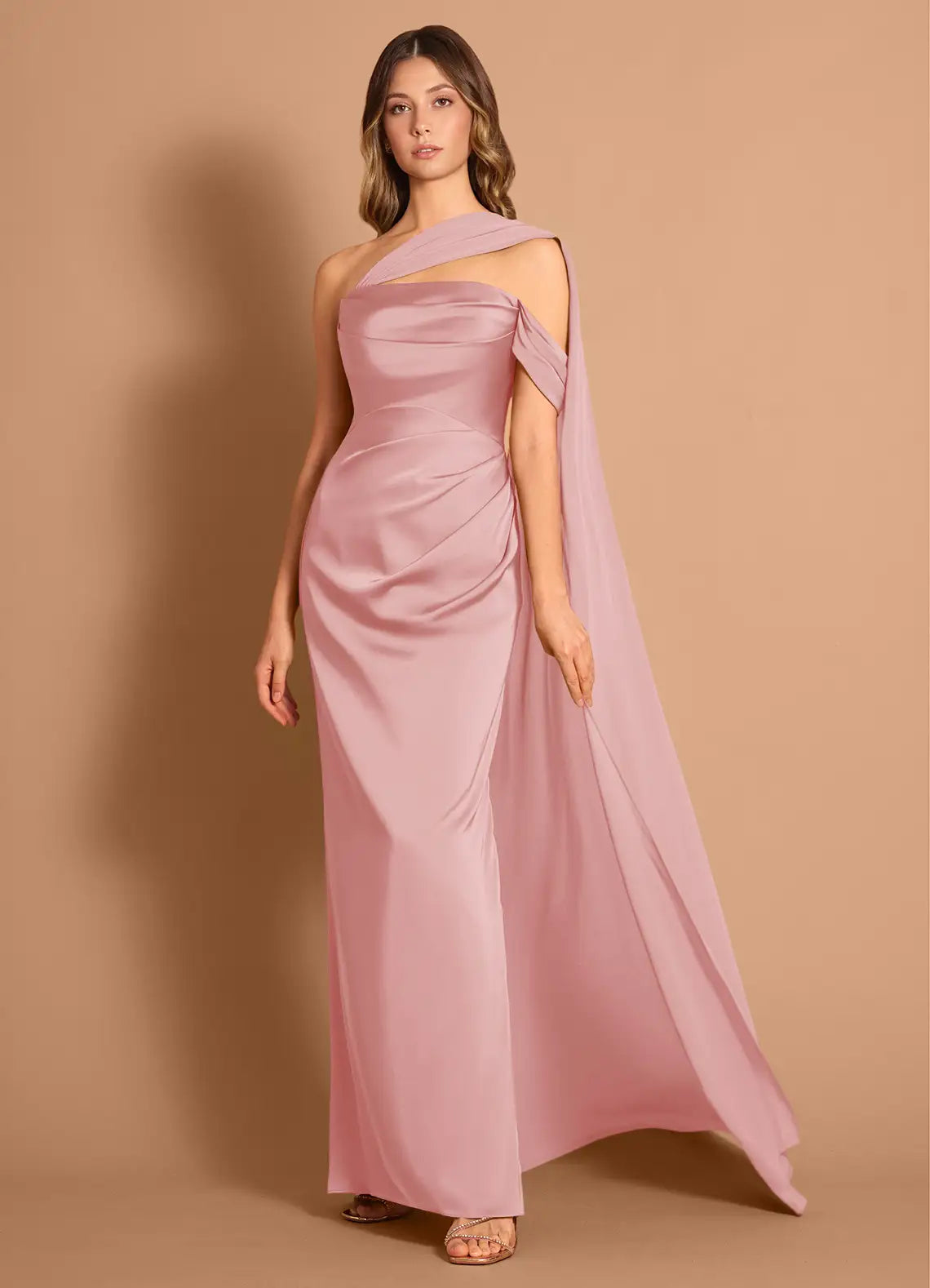 Dusty Pink Mermaid One-Shoulder Satin Cutout Floor-Length Wedding Dress - Yihuiw by Yihuiw