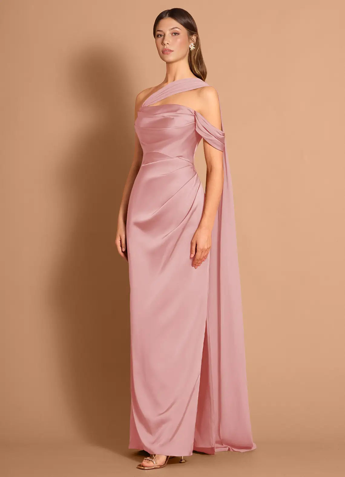 Dusty Pink Mermaid One-Shoulder Satin Cutout Floor-Length Wedding Dress - Yihuiw by Yihuiw