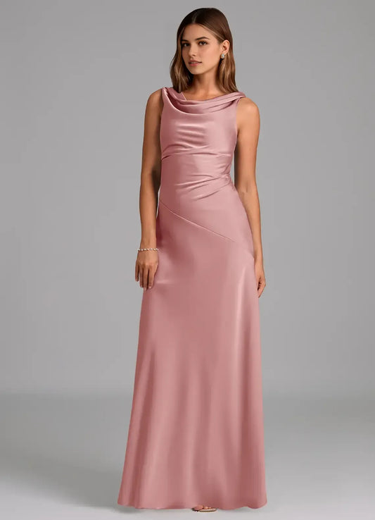 Dusty Rose Cowl Neck Satin Sleeveless Open Back Ruched Floor-Length Wedding Dress - Yihuiw by Yihuiw