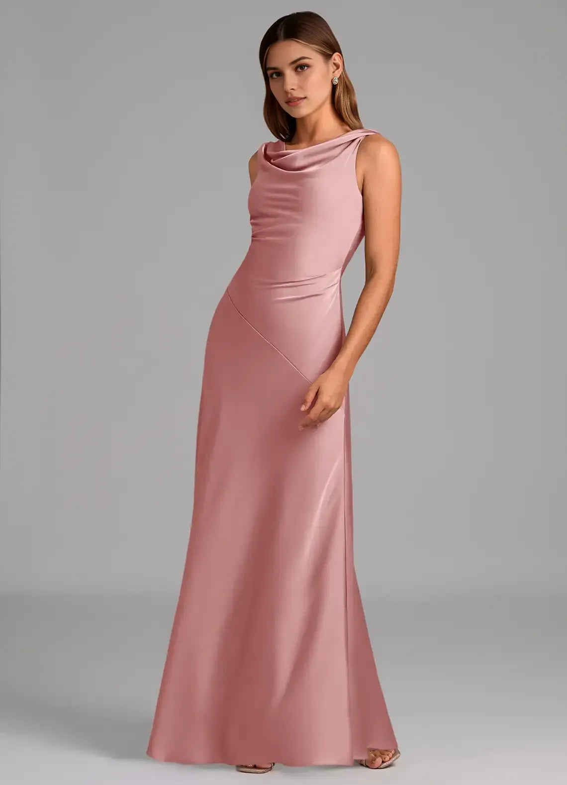 Dusty Rose Cowl Neck Satin Sleeveless Open Back Ruched Floor-Length Wedding Dress - Yihuiw by Yihuiw