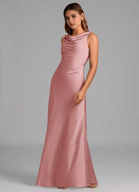 Dusty Rose Cowl Neck Satin Sleeveless Open Back Ruched Floor-Length Wedding Dress - Yihuiw by Yihuiw