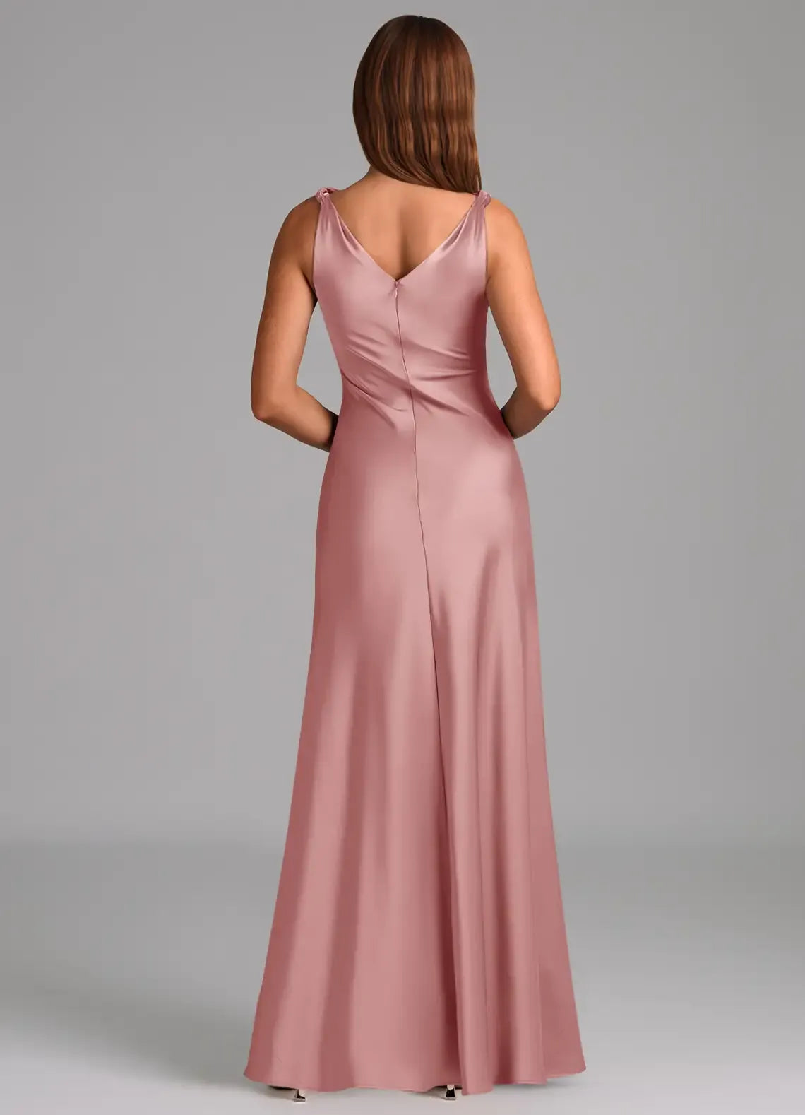 Dusty Rose Cowl Neck Satin Sleeveless Open Back Ruched Floor-Length Wedding Dress - Yihuiw by Yihuiw