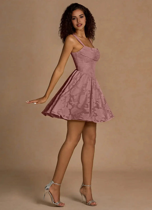 Dusty Rose Floral Jacquard Mini Dress with Lace - Up Back Ivy Light Pink Mini Dress Homecoming Dresses by YiHuiw