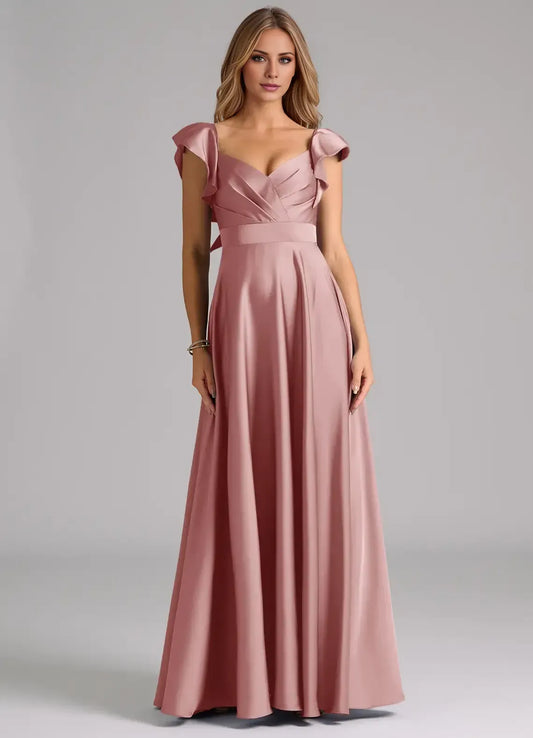 Dusty Rose A-Line V-Neck Satin Open Back Pleated Floor-Length Wedding Dress - Yihuiw by Yihuiw