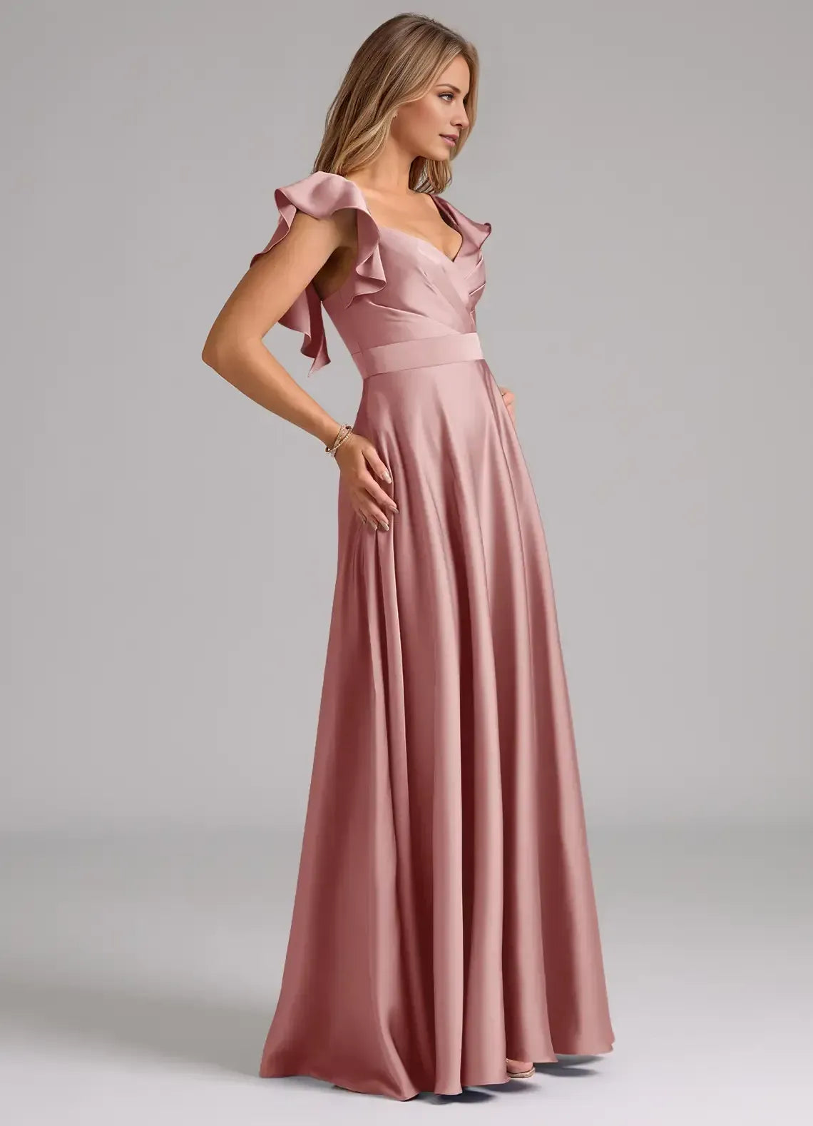 Dusty Rose A-Line V-Neck Satin Open Back Pleated Floor-Length Wedding Dress - Yihuiw by Yihuiw