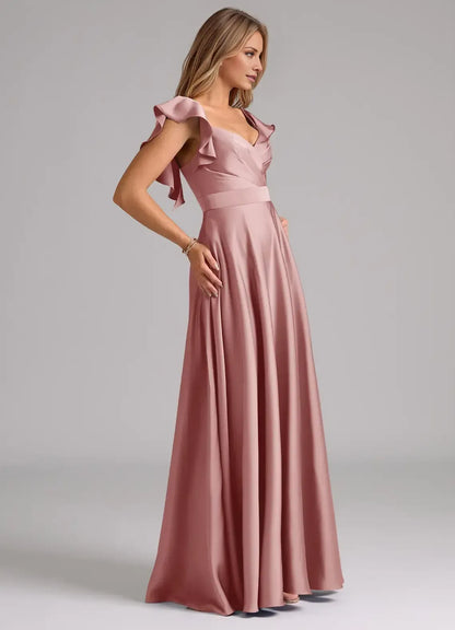 Dusty Rose A-Line V-Neck Satin Open Back Pleated Floor-Length Wedding Dress - Yihuiw by Yihuiw