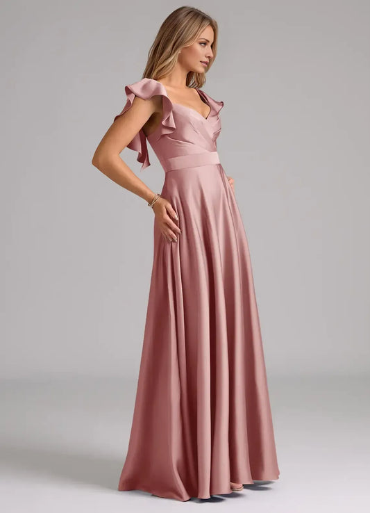 Dusty Rose A-Line V-Neck Satin Open Back Pleated Floor-Length Wedding Dress - Yihuiw by Yihuiw