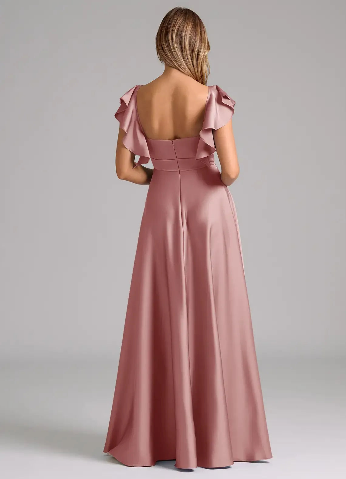 Dusty Rose A-Line V-Neck Satin Open Back Pleated Floor-Length Wedding Dress - Yihuiw by Yihuiw